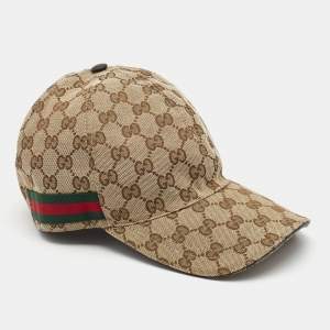 Gucci Beige Logo Monogram Web Stripe Detail Canvas Baseball Cap M