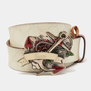Gucci White/Red GG Supreme Canvas and Leather Anchor Buckle Belt 90CM