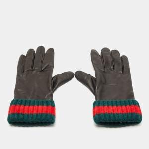 Gucci Black/Green Leather and Cashmere Web Gloves M