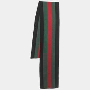 Gucci Black/Green/Red Web Wool & Silk Knit Scarf