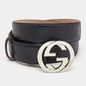 Gucci Black Guccissima Leather Interlocking G Buckle Belt 110CM