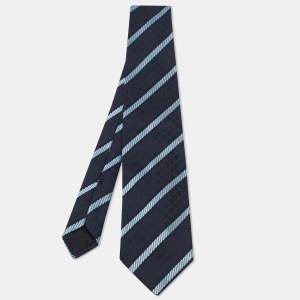 Pre Owned Gucci Navy Blue Diagonal Stripe Patterned Silk Tie