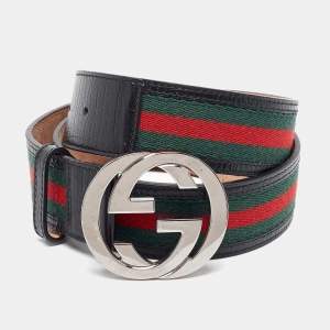 Gucci Black/Green Web Canvas and Leather Interlocking G Buckle Belt 90CM