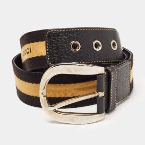 Gucci Brown/Yellow Web Canvas And Leather D Buckle Belt 90 CM