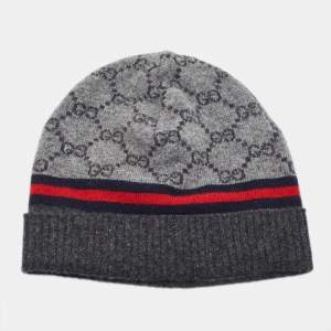 Pre Owned Gucci Grey Wool & Cashmere Jacquard Beanie 