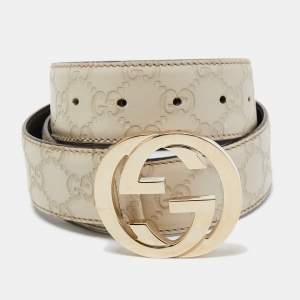 Gucci Off White Guccissima Leather Interlocking G Buckle Belt 80 CM