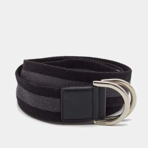 Pre Owned Gucci Black/Grey Canvas Stripe D Ring Belt 90CM