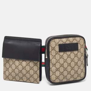 Gucci Black/Beige GG Supreme Canvas and Leather Double Belt Bag