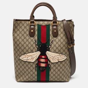 Gucci Beige GG Supreme Canvas and Leather Animalier Vertical Tote