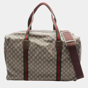 Gucci Beige Brown Multicolor Coated Canvas Leather GG Supreme Sherry Line Boston Duffle Bag