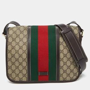 Gucci Beige/Brown GG Supreme Canvas and Leather Web Flap Messenger Bag