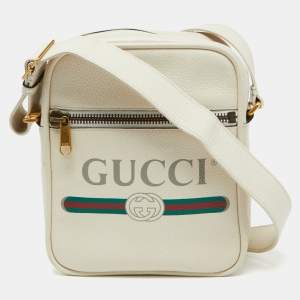 Gucci White Leather Logo Print Messenger Bag