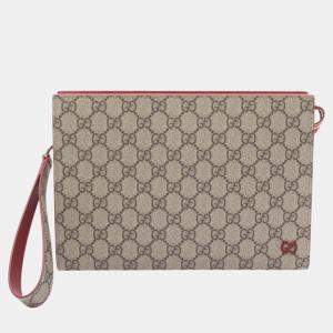 Gucci Coated Canvas Leather Beige Bordeaux Gg Supreme Second Clutch Bag