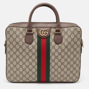 Gucci Brown/Beige GG Supreme Canvas Web Ophidia Briefcase