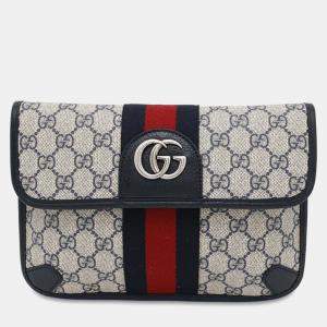 Gucci Beige/Navy/Red Supreme Leather Gg Supreme Ophidia Belt Bag 