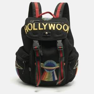 Gucci Black Mesh Fabric Hollywood Embroidered Backpack