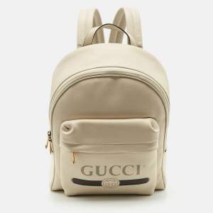 Gucci Off White Leather Logo Print Backpack