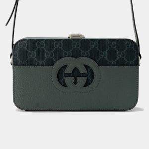 Gucci Cutout Interlocking G Shoulder Bag Gray/Black Gg Supremecanvas Leather