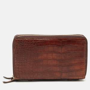 Gucci Brown Crocodile Double Zip Around Travel Wallet
