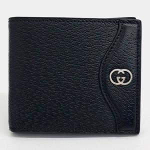 Pre Owned Gucci Black Leather Interlocking Bifold Wallet
