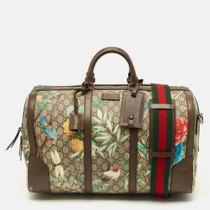 Pre Owned Gucci Tian Brown/Beige GG Supreme Canvas and Leather Duffel Bag