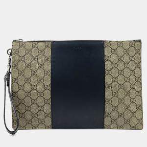 مملوكة مسبقًا Gucci Beige Black Canvas and Leather GG Supreme Clutch
