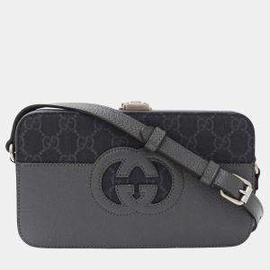مملوكة مسبقًا Gucci Shoulder Bag With Cutout Interlocking G Gg Supreme Design In Black And Gray Small Mini Bag