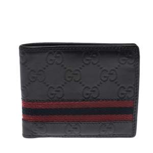 Gucci Black Guccissima Leather Web Bifold Wallet