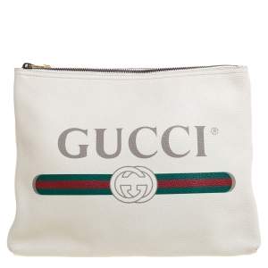 Gucci White Leather Logo Print Zip Pouch