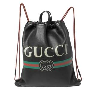 Gucci Black Soft Grain Leather Logo Drawstring Backpack