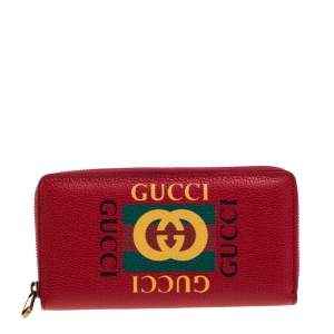 Gucci Red Grained Leather Logo Zip Around Continental Wallet