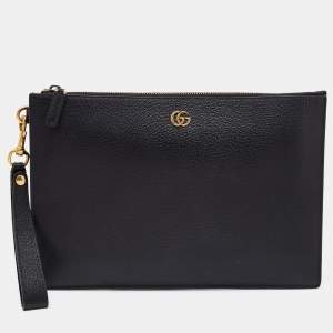 Gucci Black Leather GG Marmont Wristlet Pouch 