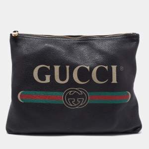 Gucci Black Leather Logo Print Zip Pouch