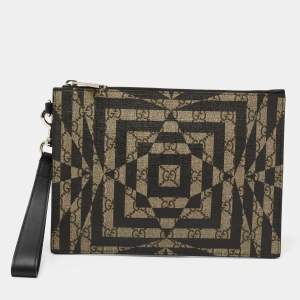 Gucci Beige/Black GG Supreme Canvas Wristlet Pouch
