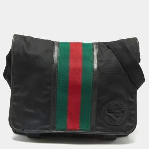 Gucci Black Nylon and Leather Web Double Lock Messenger Bag