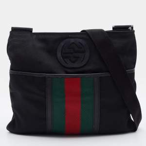 Gucci Black Nylon and Leather Flat Web Messenger Bag