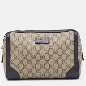 Gucci Beige/Black GG Supreme Canvas and Leather Zip Pouch