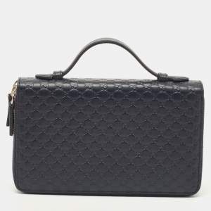 Gucci Navy Blue Guccissima Leather Double Zip Travel Document Pouch