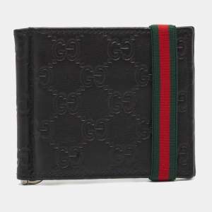 Gucci Black Guccissima Leather Web Money Clip Bi-Fold Wallet