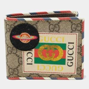 Gucci Beige GG Supreme Canvas Logo and Planet Patch Bifold Wallet