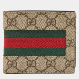Gucci Beige GG Supreme Canvas Web Bifold Compact Wallet 