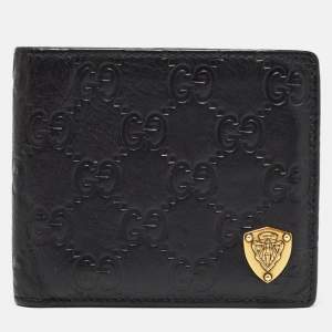 Gucci Black Guccissima Leather Crest Bifold Wallet