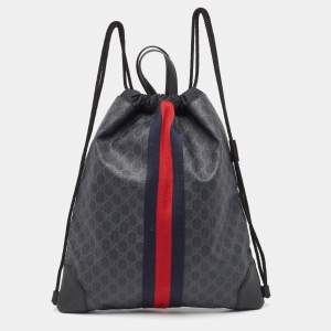 Gucci Black GG Supreme Canvas and Leather Drawstring Backpack