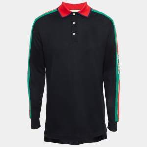 Gucci Black Side Stripe Cotton Pique Long Sleeve Polo T-Shirt M