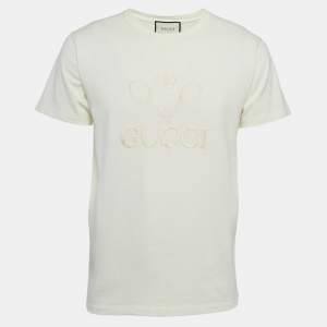 Gucci Cream Tennis Logo Embroidered Cotton Oversized T-Shirt XS