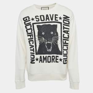 Gucci Cream Printed & Distressed Cotton Knit Sweatshirt S