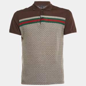 Gucci Brown Patterned Cotton Knit Polo T-Shirt M