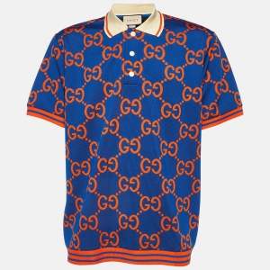 Gucci Blue/Orange GG Jacquard Jersey Polo T-Shirt XL