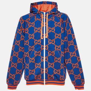 Gucci Blue Monogram Jacquard Jersey Zip-Up Hooded Jacket XL