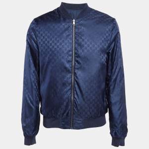 Gucci Navy Blue Synthetic Monogram Reversible Bomber Jacket L